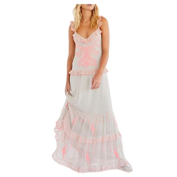 Free People Boho Coralie Embroidered Tiered Maxi Dress Women’s Cream Size Small - Picture 1 of 11
